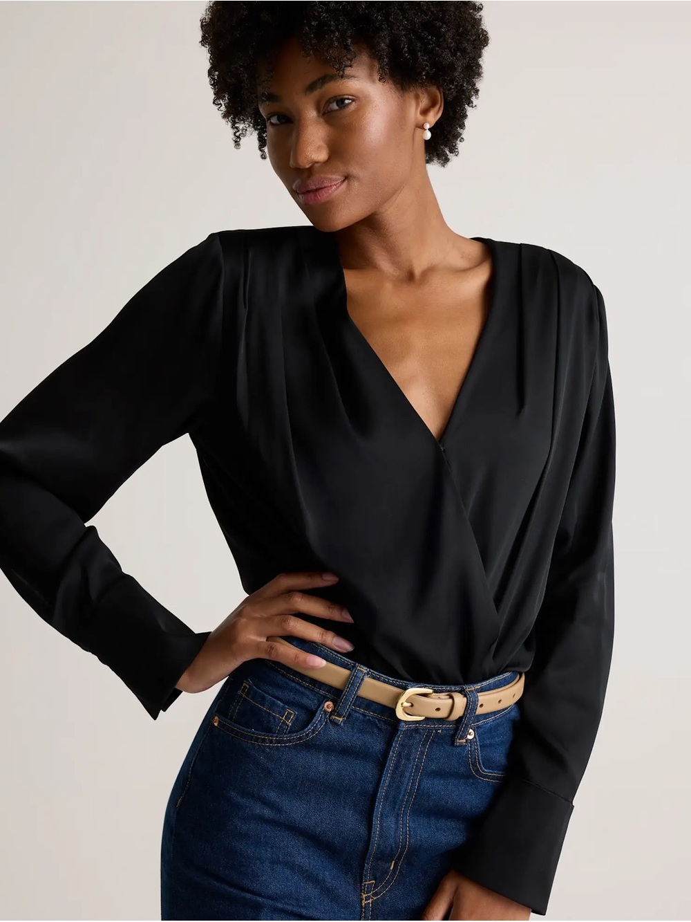 Quince Washable Stretch Silk Surplice Bodysuit Black Small